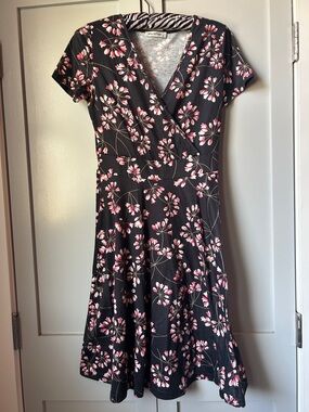Black Floral Wrap-Style Dress with Pink Accents